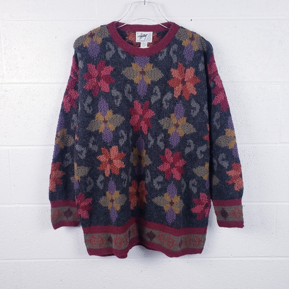 Hallet San Francisco Sweater‎ Multicolor Floral Alpaca Wool Handknit Large